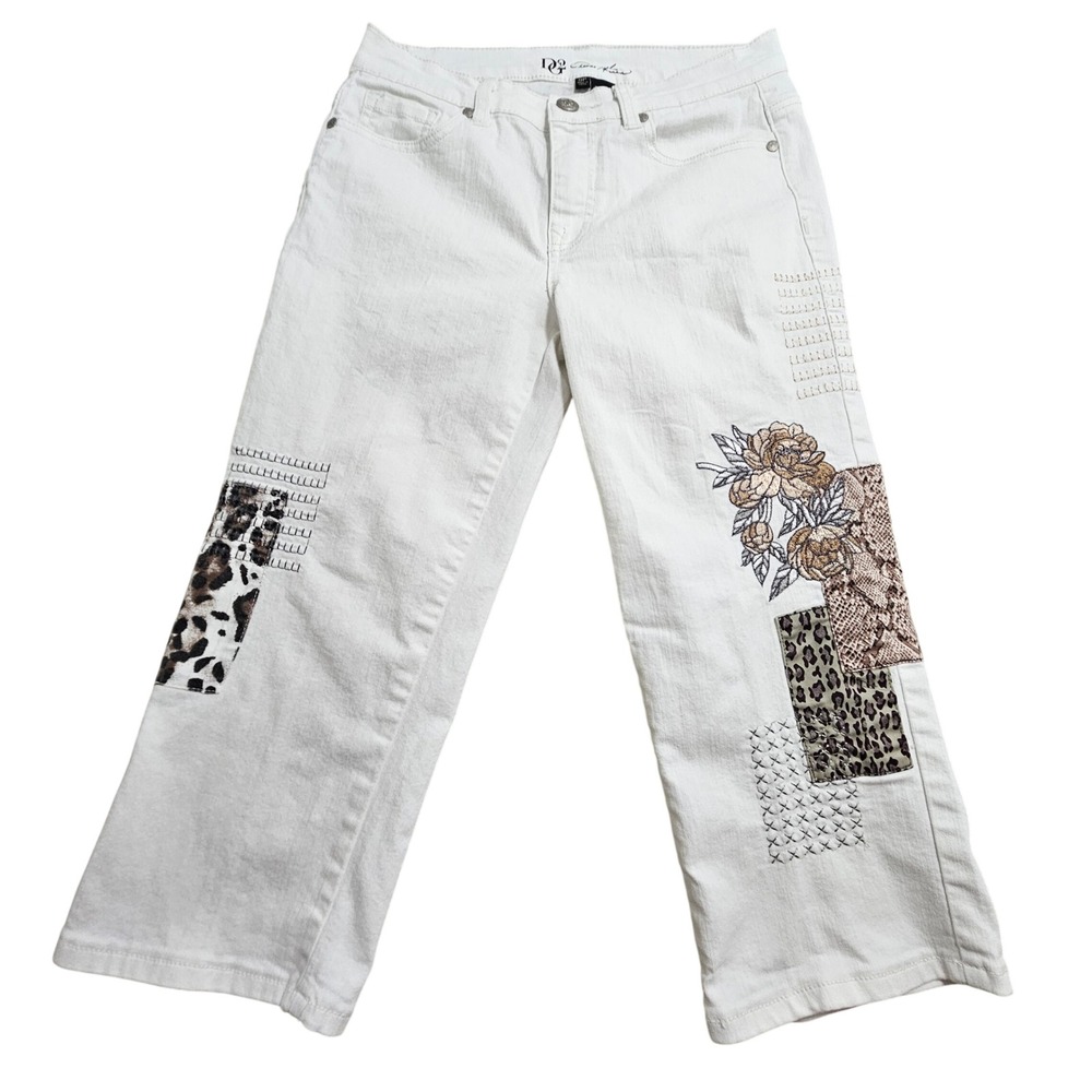 DG2 Diane Gilman Crop Jean Womens 8P White Patchwork Animal Print Floral Stretch